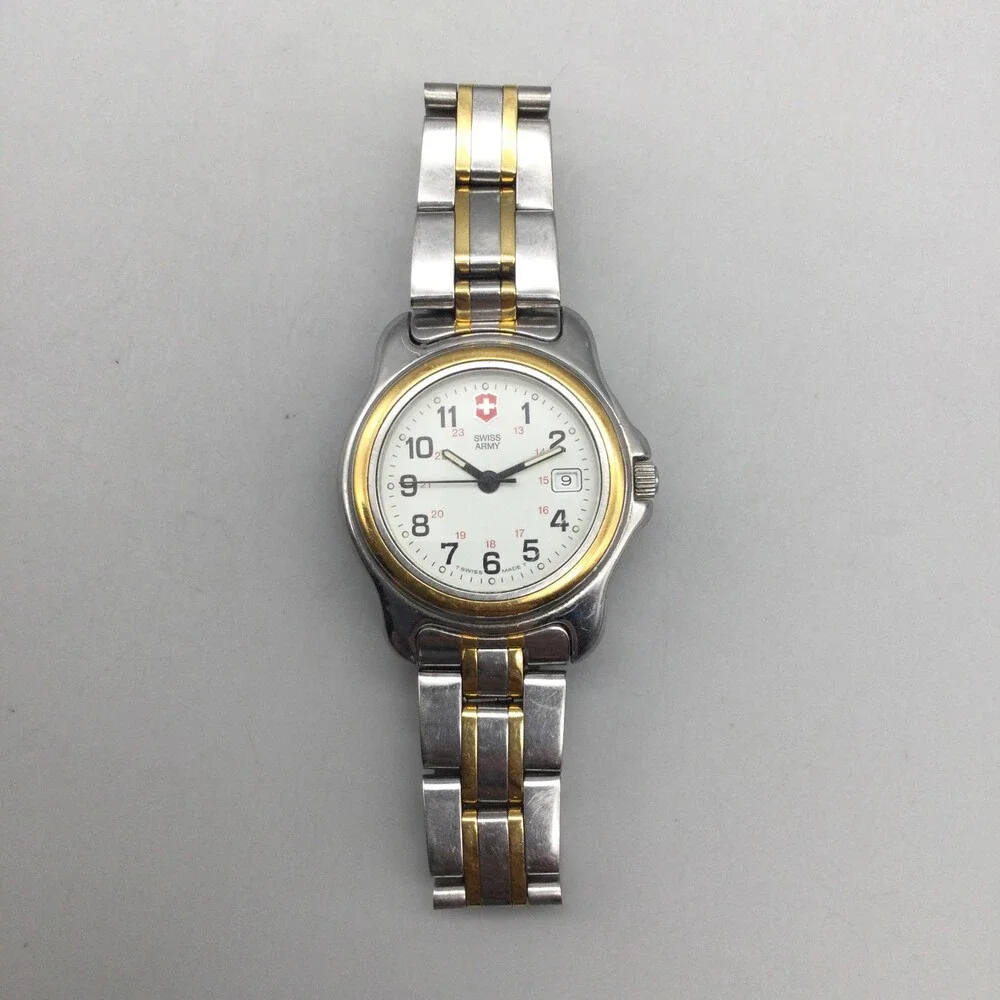 Swiss Army Womens Watch 28mm Gold Silver Tone Stainless Date New Battery 6.25